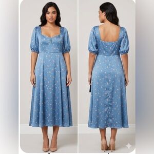 Lulus Gorgeous Days Blue Floral Satin Puff Sleeve Midi
Dress NWT Size XL